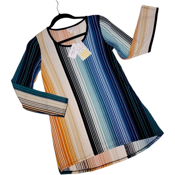 LuLaRoe Lynnae T XXS Striped Multicolor Long Sleeve Tee Hi-Lo Hem Soft Knit Top - Picture 1 of 9